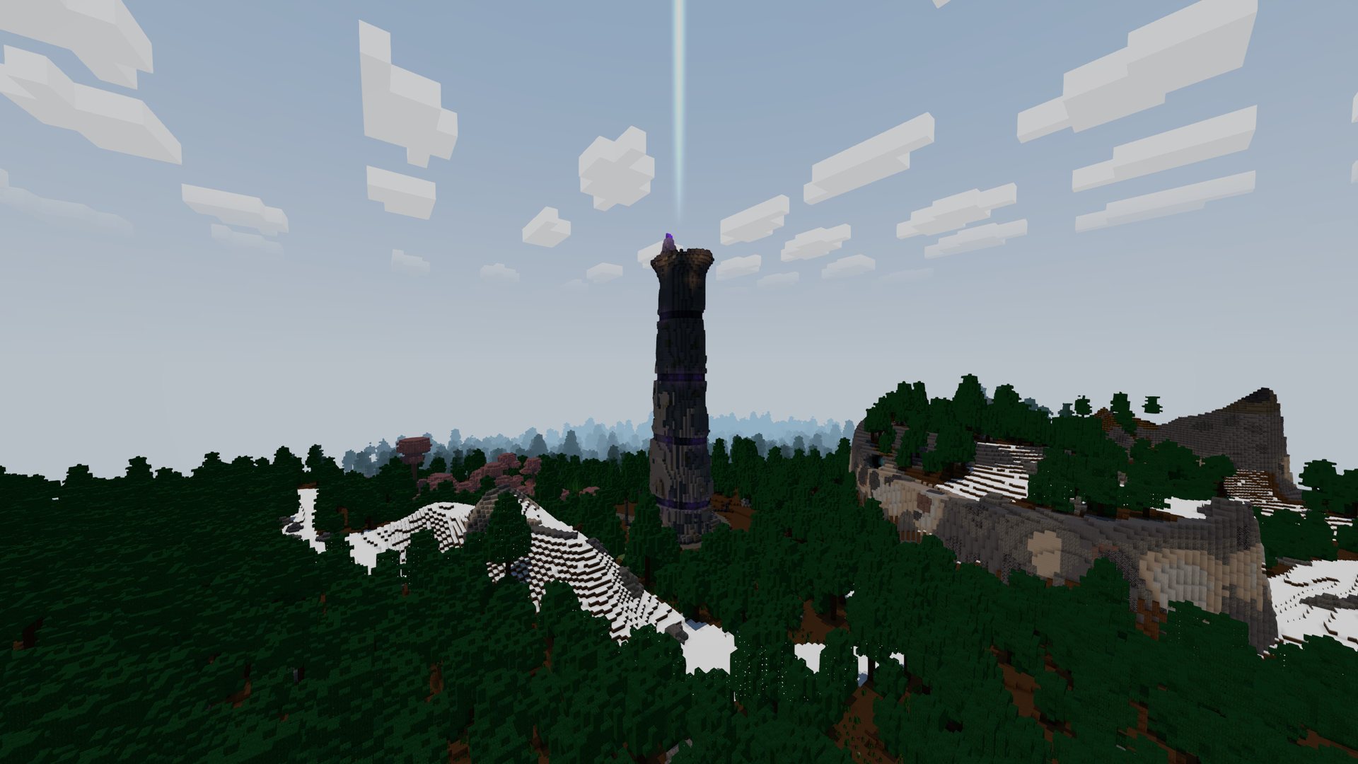 A dark spire above a forest, a thin beam of light rising from its crown