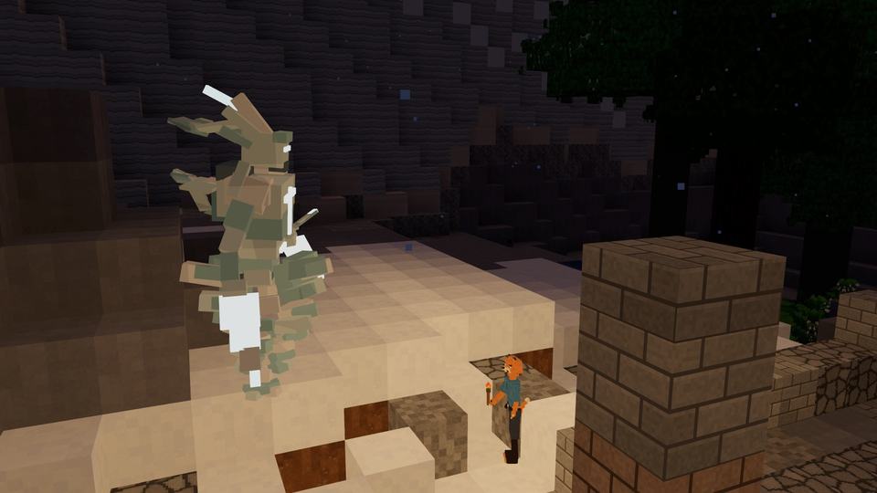 A pale figure riding a column of wind above a brick shrine floor