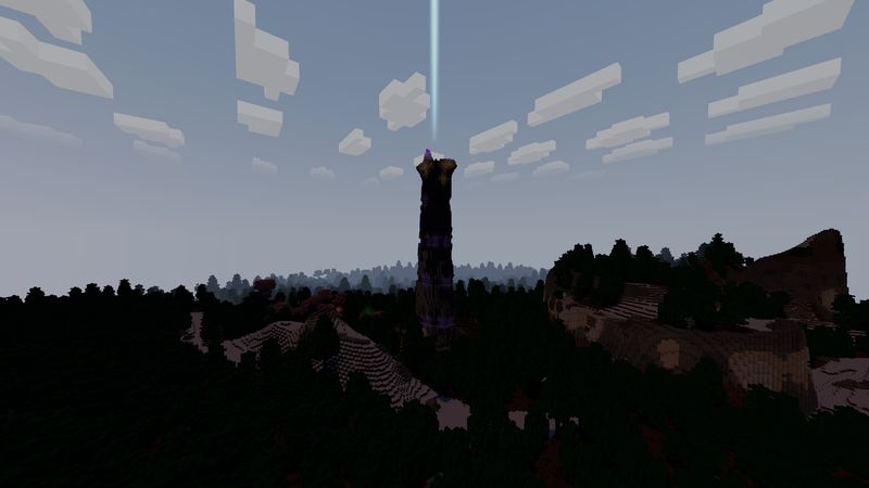 A dark spire over a forest at dusk with a beam rising from it
